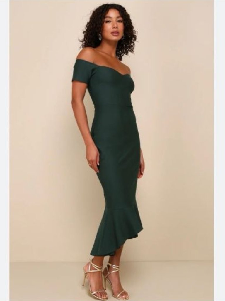 Nwot Lulus How Much I Care Dark Green Off-The-Shoulder Mermaid Midi Dress Size S